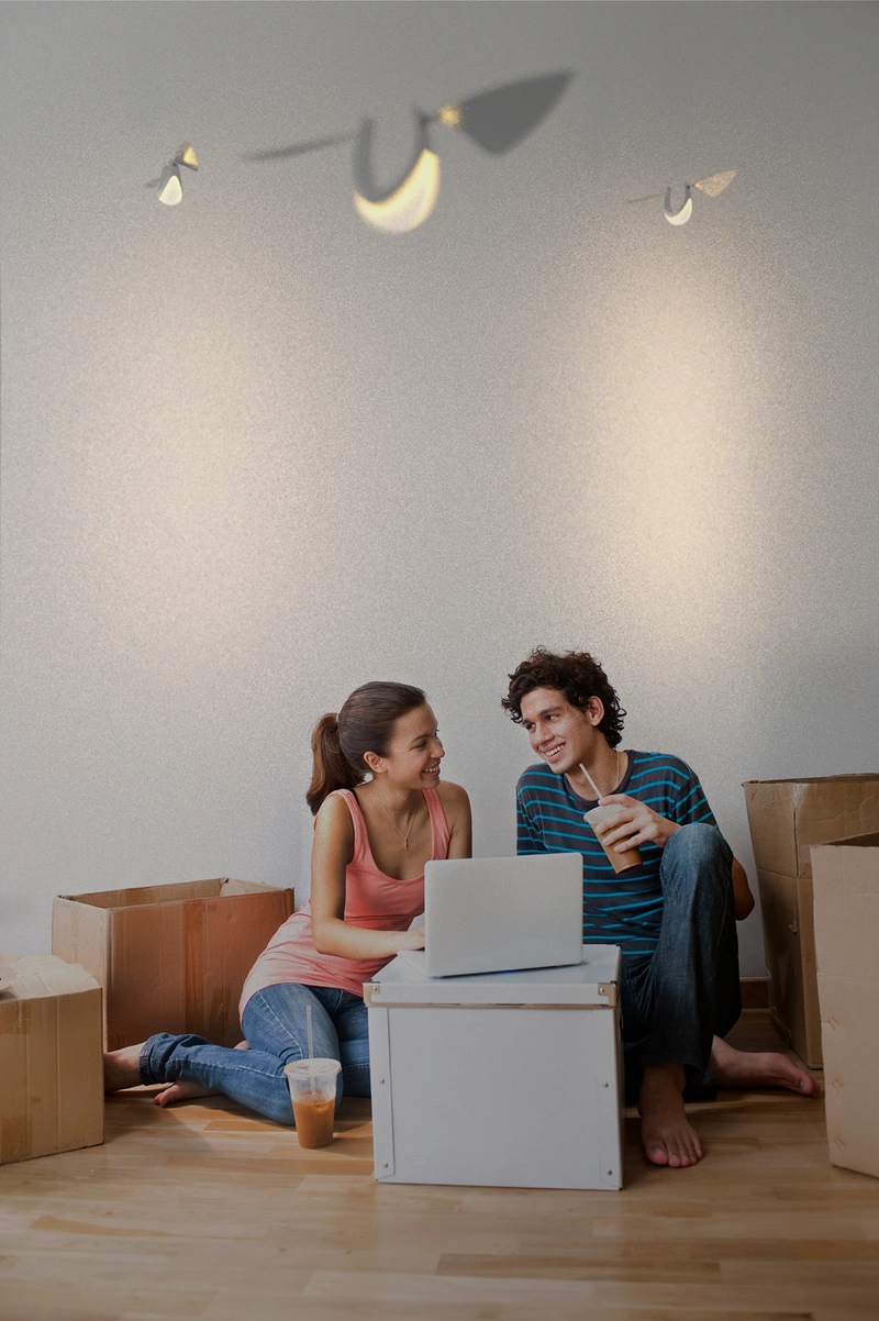 An illustration showing Flyht lamps around a couple on a room.