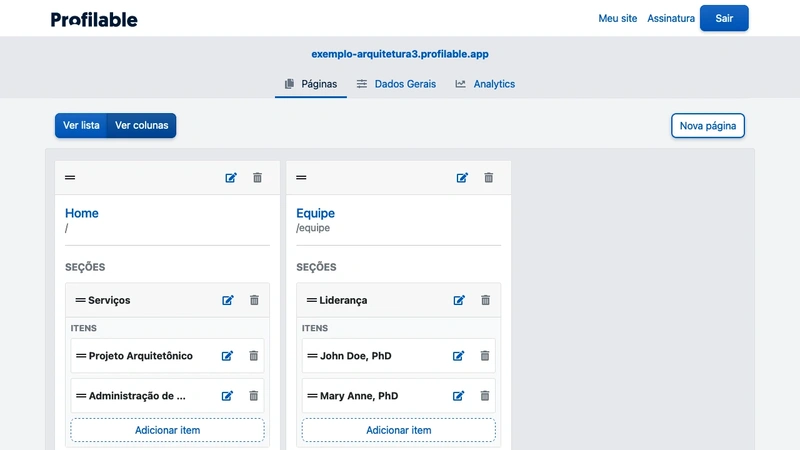 Site's page index on board mode, to make it easier to visualize the whole content.