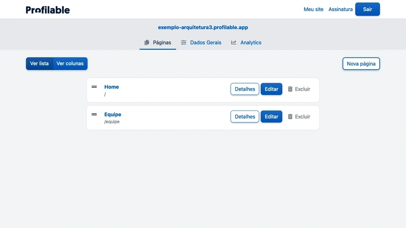 Site's page index on list mode.