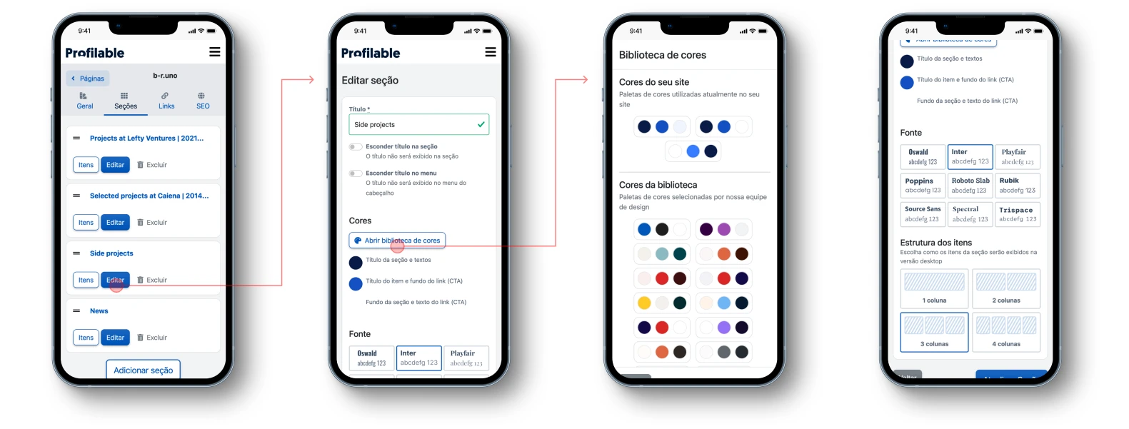 This sequence of images shows a Section Index, then a section been edited, the color library, and some layout and typeface options.